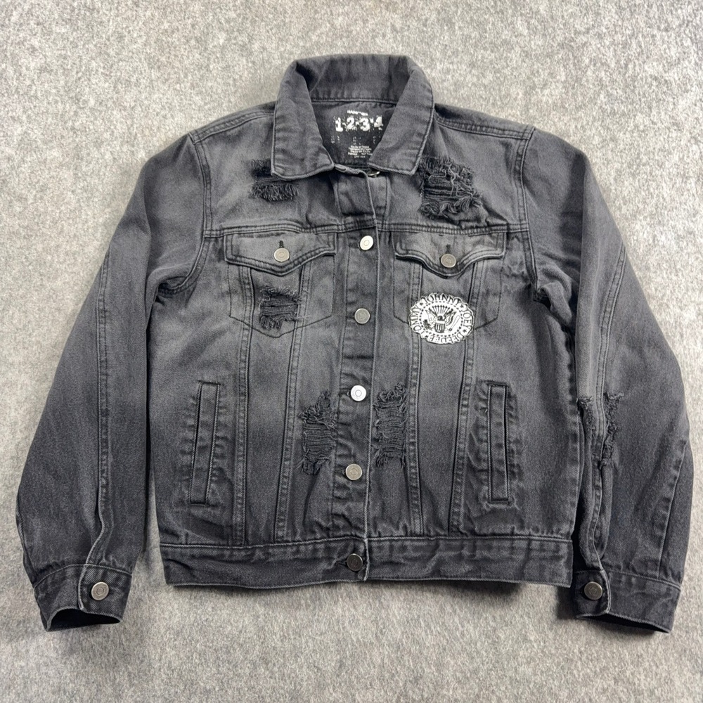 Ramones 1-2-3-4 Women's Small Distressed Black Denim Trucker Jacket Punk Rock